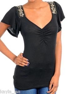 Black Beaded Shoulders/Ruched Back Fluttery Cap Sleeve Top S - Picture 1 of 2