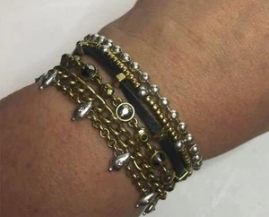 1474 Lucky Brand boho gold tone silver tone 6-strand cz chain bracelet 7" *READ - Picture 1 of 4