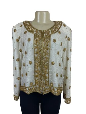Chaqueta Mark & John Vintage Blanco y Dorado Lentejuelas Cuentas Con Diseño Floral Talla XL Foto 1 de 4