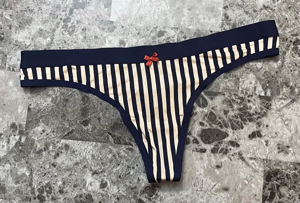NWOT AMERICAN EAGLE AERIE SMALL NAVY BLUE IVORY STRIPE SMOOTH RARE THONG PANTIES - Image 1 of 3