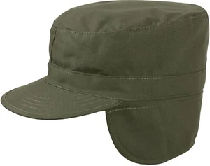Olive Drab Fatigue Hat with Ear Flaps - Tactical Fitted Winter Patrol Cap - Picture 1 of 5
