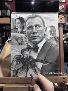 James Bond No Time Die Daniel Craig 007 Eva Green Vesper Pencil Drawing 9” x 12” - Picture 1 of 2