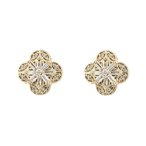 Baguette Flor Tuerca Diamante Pendientes Británico Hecho 9ct Oro Amarillo 375 - Imagen 1 de 3