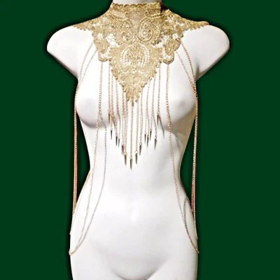 GOLD CHAIN & SPIKES LACE BODY JEWELRY necklace harness yoke choker goddess Z8 - Image 1 of 4