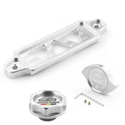 Tapa de llenado de aceite de motor JDM plateada + tapa del radiador + amarre de batería para Honda Acura Foto 1 de 4