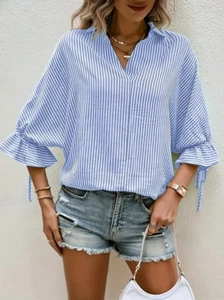 Camisa Pullover Mujer Rayas Azul y Blanco Lindo Detalle Manga Nuevo Envío Rápido - Imagen 1 de 3