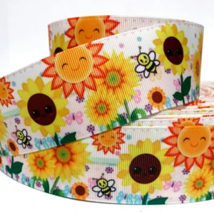 GROSGRAIN RIBBON 5/8", 7/8", 1.5", 3" Sunflowers & Bees Flowers Printed BULK - Picture 1 of 1