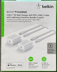 Belkin MFi-Certified 20W Fast Wall Charger + USB-C Lightning Cable (2pk) NEW !!! - Picture 1 of 1