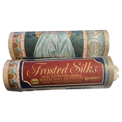 2 件维多利亚绿色金色织物帷幔磨砂丝绸壁纸边框 5 英寸 x 5.4 码 — 第 1/4 张图片