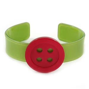 Hellgrünes, magentafarbenes Acryl-Manschettenarmband mit Knöpfen - 19 cm L - Bild 1 von 5