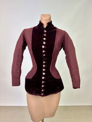 Antique Victorian wool plaid & velvet Maroon Jacket with Bug hand Carved Buttons - Image 1 of 4