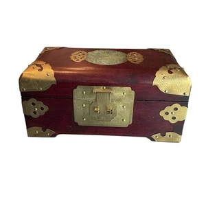 Vintage Chinese Wood & Brass Jewelry Box With Jade Inlay - Picture 1 of 5