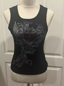 Women Tank Top Shirt Black Glitter Wing Graphic Y2k Sz XL Black w/Heart - Picture 1 of 4