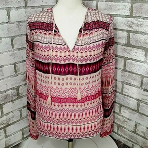 Decree Top Womens XS Pink Sheer V Neck Tassel Blouse Relaxed Work Office Casual - Picture 1 of 13