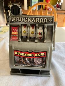 Vintage Buckaroo Mini Slot Machine Toy Gambling Bank Metal Las Vegas Nevada 9"