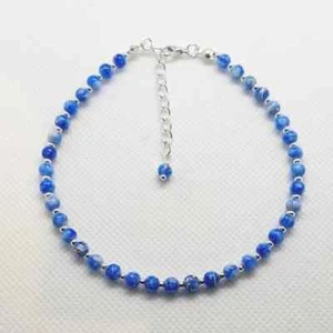 BLUE & WHITE SPLATTER BEADED ANKLE BRACELET ANKLET 9.5" + EXT 382 - Picture 1 of 1