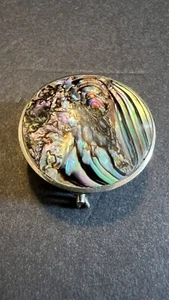 Vintage Mexico  Silver Tone Abalone Shell Small Hinged Trinket Pill Box 1.5" - Picture 1 of 6