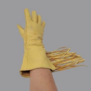Vintage Yellow Gauntlet Western Gloves Small Fringe Leather - Picture 1 of 9