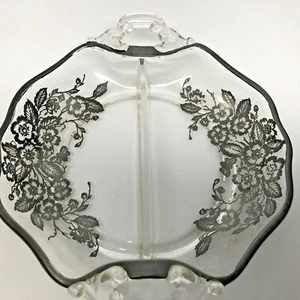 Plato Relish Dividido Vintage con Superposición Floral Negro y Bronce y Borde Negro - Imagen 1 de 4