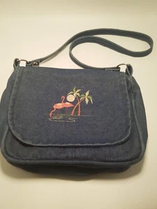 Vintage Denim Flamingo Embroidered Crossbody Satchel Purse - Picture 1 of 8