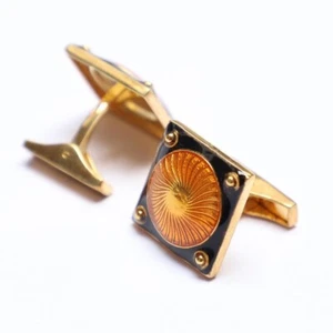 925 Sterling Silver Orange Black Enamel Square Shape Gold Plated WeddingCufflink - Picture 1 of 4