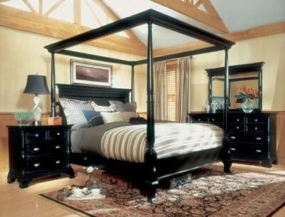 UK King Gothic Black contemporary Mahogany canopy pencil four poster tester bed - Image 1 of 4
