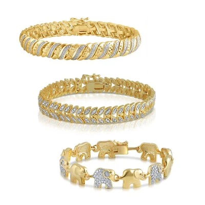 Brazalete de oro amarillo de 14K sobre latón con detalles de diamantes (hoja, elefante, diseño S) Foto 1 de 4