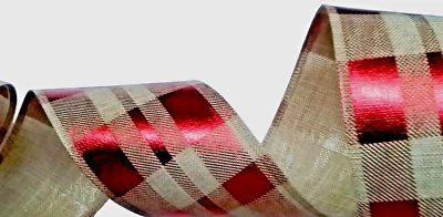Red Foil & Tan Plaid 2.5" by 5 yd Wired Ribbon d. Stevens Farmhouse d. Stevens - Image 1 of 4