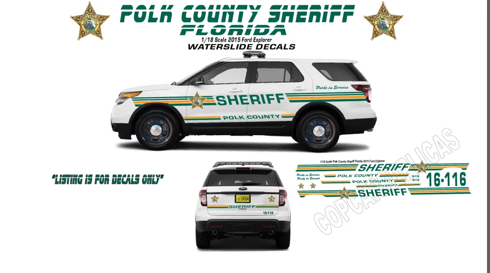 1/18 Scale Polk Cnty Sheriff FL 2015  Motormax Ford Explorer Waterslide Decals - Image 1 of 1