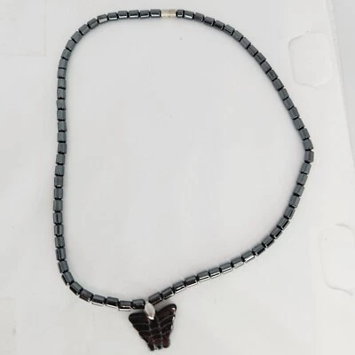 Vintage Hematite Butterfly Pendant Beaded Necklace Choker 15" Healing Stone - Image 1 of 4