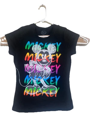 Girl's DISNEY Mickey Mouse Tee Shirt Top Multi Chalk Graffiti Print XL 15/17 - Image 1 of 4