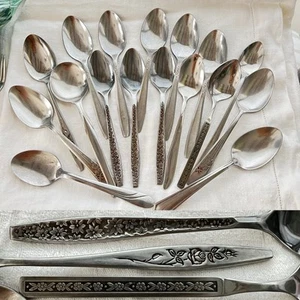 18 lot Vtg Stainless Flatware Mixed Table Spoons Soup Floral Oneida Silverware - Picture 1 of 6