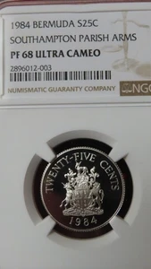 1984 - BERMUDA TWENTY - FIVE CENTS SILVER COIN SOUTHAMPTON PARISH ARM NGC PF68 - Picture 1 of 7