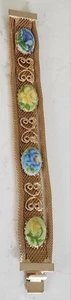 VTG MESH HANDPAINTED PORCELAIN FLORAL 22mm×16mm  FILLIGREE GOLD TONE BRACELET 7" - Picture 1 of 23
