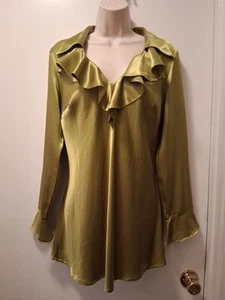 Vintage 80s Mirrors Green Satin Ruffle Front Tunic Blouse Junior Sz Large - Picture 1 of 6