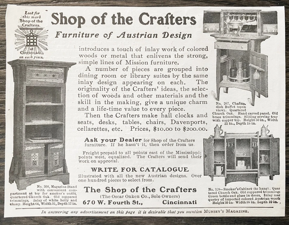 Tienda de los artesanos Muebles de diseño austriaco 1906 anuncio impreso ~ Gabinete de bar buffet Foto 1 de 1