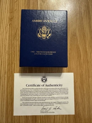American Gold Eagle 1992-P 1/10 oz prueba $5 con caja y certificado de autenticidad-(bin6447B) Foto 1 de 4