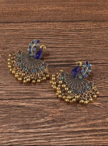 Peacock Design Oxidized Jhumka Earrings Blue & Gold Indian Ethnic Jewelry- Women - Picture 1 of 3