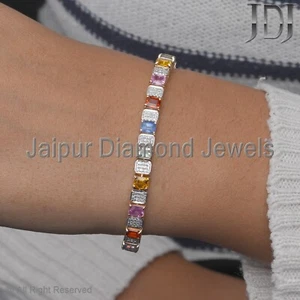Solid 14k Yellow Gold Natural Diamond Multi Sapphire Gemstone Bracelet Jewelry - Picture 1 of 10