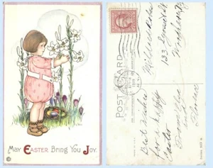 Kleines Mädchen an Lilien mit Ostereiern 1918 geprägte Kunst Postkarte - Bild 1 von 1
