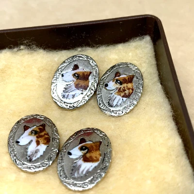 GEMELLI VINTAGE CON CANI IN SMALTO A FUOCO A PENNELLO PRIMI 900 IN METALLO - Immagine 1 di 4