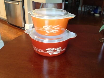  Pyrex Autumn Harvest Wheat Pattern MINT Casserole Dishes w/Lids RETRO 1970’s - Image 1 of 4