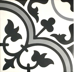 8x8 Flora Gray Black White Encaustic Design Satin Glaze Ceramic (8 PIECE BOX) - Picture 1 of 6