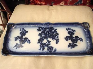ANTIQUE FLOW BLUE OBLONG PLATTER RICH ROSES FLORAL DESIGN 18" X 7.5" - Picture 1 of 9