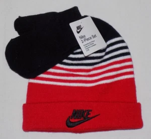 Nike Boys' Beanie & Hand Gloves 2 Piece Set BlkRed Size 2/4T New - Picture 1 of 5
