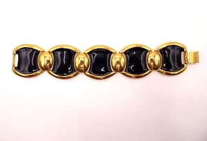 Vintage signed NAPIER Dark Navy Enamel Wide Gold tone Link Bracelet - Picture 1 of 7