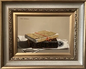 Piero Antonelli (1906-1990) Still Life TROMPE L'OEIL oil, Books, Flaubert - Picture 1 of 16