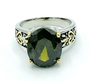 Rhodium Plated Two Tone Faux Peridot Solitaire Ring Size 5 - Picture 1 of 7