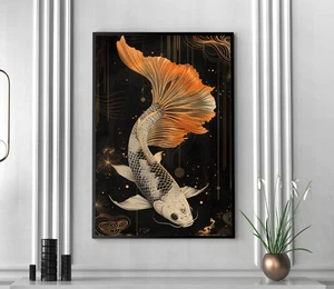 White Koi Fish Wall Art Print Canvas Poster Illustration Home Decor Painting - Picture 1 of 1