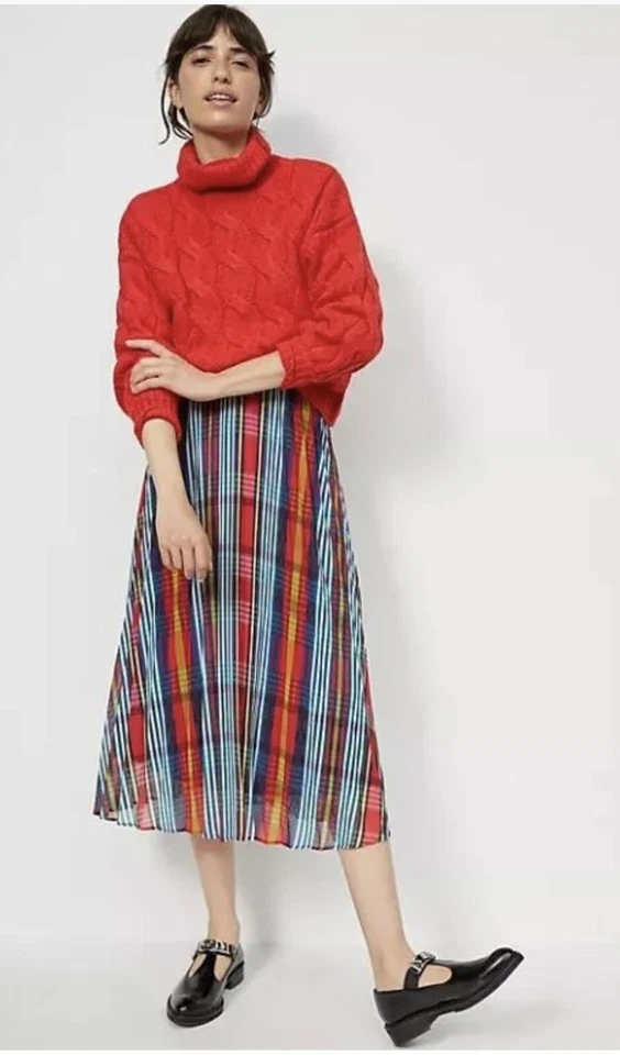 NUEVO CON ETIQUETAS Falda Midi Plisada Maeve Naya Talla 10 Azul Multi Arco Iris Cuadros Anthropologie Foto 1 de 3